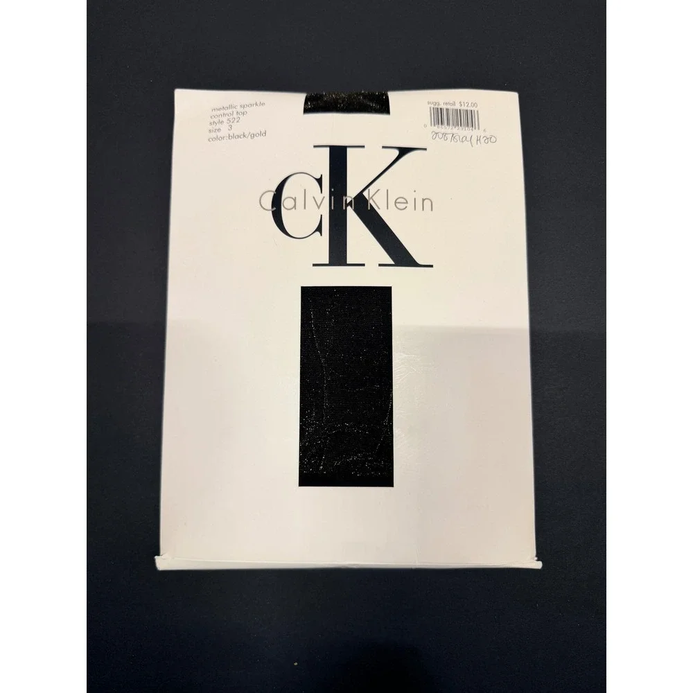 Calvin Klein Metallic Sparkle Control Top Tights Black Gold Style 522 Size 3 VTG